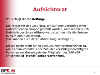 Aufsichtsrat
Wie erfolgt die Bestellung?
Die Mitglieder des ZBR (BR), die auf dem Vorschlag einer
wahlwerbenden Gruppe gewählt wurden, nominieren durch
Mehrheitsbeschluss ANInnenvertreterInnen für die Entsendung in den Aufsichtsrat.
(Sie können auch deren Abberufung verlangen.)
Dieses Recht steht für so viele ANInnenvertreterInnen zu,
wie es dem Verhältnis der Zahl der vorschlagsberechtigten
Personen zur Gesamtzahl der Mitglieder des ZBR (BR)
entspricht (d´Hondt´sches Verfahren).

9

 