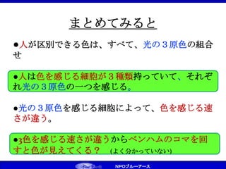 ＮＰＯブルーアース
まとめてみると
●人が区別できる色は、すべて、光の３原色の組合
せ
●人は色を感じる細胞が３種類持っていて、それぞ
れ光の３原色の一つを感じる。
●光の３原色を感じる細胞によって、色を感じる速
さが違う。
●3色を感じる速さが違うからベンハムのコマを回
すと色が見えてくる？ (よく分かっていない)
 