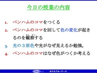 CS（お客様満足）⇒CD（お客様感動） ⇒ CT（お客様信頼） ベンチマーキング実践
今日の授業の内容
1. ベンハムのコマをつくる
2. ベンハムのコマを回して色の変化が起き
るのを観察する
3. 光の３原色や光がなぜ見えるか勉強。
4. ベンハムのコマはなぜ色がつくか考える
かん さつ
 