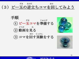 だま さかだ まわ
（３）ビー玉の逆立ちコマを回してみよう
26
どうが み
② 動画を見る
手順 だま じゅんび
① ビー玉コマを準備する
まわ じっけん
③ コマを回す実験をする
 