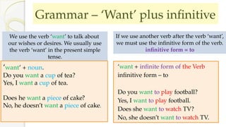 Grammar – ‘Want’ plus infinitive
‘want + infinite form of the Verb
infinitive form – to
Do you want to play football?
Yes, I want to play football.
Does she want to watch TV?
No, she doesn’t want to watch TV.
We use the verb ‘want’ to talk about
our wishes or desires. We usually use
the verb ‘want’ in the present simple
tense.
‘want’ + noun.
Do you want a cup of tea?
Yes, I want a cup of tea.
Does he want a piece of cake?
No, he doesn’t want a piece of cake.
If we use another verb after the verb ‘want’,
we must use the infinitive form of the verb.
infinitive form = to
 