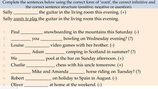Complete the sentences below using the correct form of ‘want’, the correct infinitive and
the correct sentence structure (positive, negative or question).
Sally ___________ the guitar in the living room this evening. (+)
Sally wants to play the guitar in the living room this evening.
1. Paul __________ snowboarding in the mountains this Saturday. (-)
2. _________ you __________ bowling on Wednesday evening? (?)
3. Louise ___________ video games with her brother. (-)
4. _________ Adam _________ camping in Scotland in summer? (?)
5. We ____________ pool at the bar on Sunday afternoon. (+)
6. Charlie _____________ chess with his uncle tomorrow. (+)
7. _________ Mike and Amanda _______ horse riding on Tuesday? (?)
8. Robert ____________ on holiday to Spain in August. (-)
9. Oliver ___________ at home at the weekend. (-)
 