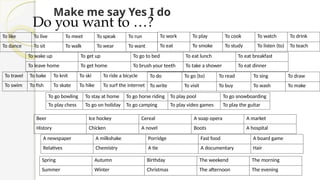 Make me say Yes I do
Do you want to …?
To go bowling To stay at home To go horse riding To play pool To go snowboarding
To play chess To go on holiday To go camping To play video games To play the guitar
To travel To bake To knit To ski To ride a bicycle
To swim To fish To skate To hike To surf the internet
A newspaper A milkshake Porridge Fast food A board game
Relatives Chemistry A tie A documentary Hair
Beer Ice hockey Cereal A soap opera A market
History Chicken A novel Boots A hospital
Spring Autumn Birthday The weekend The morning
Summer Winter Christmas The afternoon The evening
To wake up To get up To go to bed To eat lunch To eat breakfast
To leave home To get home To brush your teeth To take a shower To eat dinner
To like To live To meet To speak To run
To dance To sit To walk To wear To want
To do To go (to) To read To sing To draw
To write To visit To buy To wash To make
To work To play To cook To watch To drink
To eat To smoke To study To listen (to) To teach
 