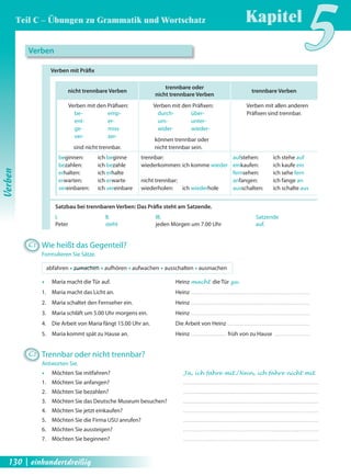 Verben 
Verben mit Präfi x 
nicht trennbare Verben trennbare oder 
Kapitel5 
nicht trennbare Verben trennbare Verben 
Verben mit den Präfi xen: 
be- emp-ent- 
er-ge- 
miss-ver- 
zer-sind 
nicht trennbar. 
Verben mit den Präfi xen: 
durch- über-um- 
unter-wider- 
wieder-können 
trennbar oder 
nicht trennbar sein. 
Verben mit allen anderen 
Präfi xen sind trennbar. 
beginnen: ich beginne 
bezahlen: ich bezahle 
erhalten: ich erhalte 
erwarten: ich erwarte 
vereinbaren: ich vereinbare 
trennbar: 
wiederkommen: ich komme wieder 
nicht trennbar: 
wiederholen: ich wiederhole 
aufstehen: ich stehe auf 
einkaufen: ich kaufe ein 
fernsehen: ich sehe fern 
anfangen: ich fange an 
ausschalten: ich schalte aus 
Satzbau bei trennbaren Verben: Das Präfi x steht am Satzende. 
I. II. III. Satzende 
Peter steht jeden Morgen um 7.00 Uhr auf. 
C1 Wie heißt das Gegenteil? 
Formulieren Sie Sätze. 
abfahren Œ zumachen Œ aufhören Œ aufwachen Œ ausschalten Œ ausmachen 
Œ Maria macht die Tür auf. Heinz macht die Tür zu . 
1. Maria macht das Licht an. Heinz 
2. Maria schaltet den Fernseher ein. Heinz 
3. Maria schläft um 5.00 Uhr morgens ein. Heinz 
4. Die Arbeit von Maria fängt 15.00 Uhr an. Die Arbeit von Heinz 
5. Maria kommt spät zu Hause an. Heinz früh von zu Hause 
C2 Trennbar oder nicht trennbar? 
Antworten Sie. 
Œ Möchten Sie mitfahren? Ja, ich fahre mit./ Nein, ich fahre nicht mit. 
1. Möchten Sie anfangen? 
2. Möchten Sie bezahlen? 
3. Möchten Sie das Deutsche Museum besuchen? 
4. Möchten Sie jetzt einkaufen? 
5. Möchten Sie die Firma USU anrufen? 
6. Möchten Sie aussteigen? 
7. Möchten Sie beginnen? 
Verben 
Teil C – Übungen zu Grammatik und Wortschatz 
130 | einhundertdreißig 
 