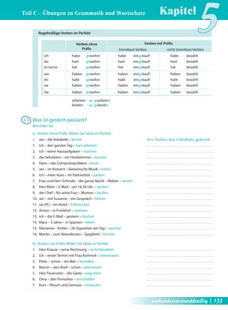 Teil C – Übungen zu Grammatik und Wortschatz 
Kapitel5 Regelmäßige Verben im Perfekt 
Verben ohne 
Präfi x 
C6 Was ist gestern passiert? 
Berichten Sie. 
a) Verben ohne Präfi x: Bilden Sie Sätze im Perfekt. 
Œ wir – die Vokabeln – lernen Wir haben die Vokabeln gelernt. 
1. ich – den ganzen Tag – hart arbeiten 
2. ich – keine Hausaufgaben – machen 
3. die Sekretärin – ein Hotelzimmer – buchen 
4. Hans – das Computerproblem – lösen 
5. wir – im Konzert – fantastische Musik – hören 
6. ich – mein Auto – im Parkverbot – parken 
7. Frau und Herr Schmalz – die ganze Nacht – Walzer – tanzen 
8. Herr Klein – E-Mail – um 18.30 Uhr – senden 
9. der Chef – für seine Frau – Blumen – kaufen 
10. wir – mit Susanne – ein Gespräch – führen 
11. sie (Pl.) – im Hotel – frühstücken 
12. Anton – in Frankfurt – wohnen 
13. ich – die E-Mail – gestern – löschen 
14. Klara – 3 Jahre – in Spanien – leben 
15. Marianne – früher – 20 Zigaretten am Tag – rauchen 
16. Martin – zum Abendessen – Spaghetti – kochen 
b) Verben mit Präfi x: Bilden Sie Sätze im Perfekt. 
1. Herr Krause – seine Rechnung – nicht bezahlen 
2. ich – einen Termin mit Frau Kümmel – vereinbaren 
3. Peter – schon – ein Bier – bestellen 
4. Martin – den Brief – schon – übersetzen 
5. Herr Feuerstein – die Gäste – begrüßen 
6. Oma – den Fernseher – einschalten 
7. Kurt – Fleisch und Gemüse – einkaufen 
Verben mit Präfi x 
trennbare Verben nicht trennbare Verben 
ich habe gewohnt habe eingekauft habe bezahlt 
du hast gewohnt hast eingekauft hast bezahlt 
er/sie/es hat gewohnt hat eingekauft hat bezahlt 
wir haben gewohnt haben eingekauft haben bezahlt 
ihr habt gewohnt habt eingekauft habt bezahlt 
sie haben gewohnt haben eingekauft haben bezahlt 
Sie haben gewohnt haben eingekauft haben bezahlt 
arbeiten gearbeitet 
landen gelandet 
einhundertdreiunddreißig | 133 
 
