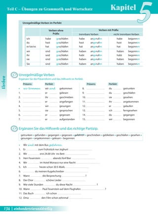 Unregelmäßige Verben im Perfekt 
Verben ohne 
Präfi x 
ich habe geschlafen habe angerufen habe begonnen 
du hast geschlafen hast angerufen hast begonnen 
er/sie/es hat geschlafen hat angerufen hat begonnen 
wir sind geschlafen haben angerufen haben begonnen 
ihr seid geschlafen habt angerufen habt begonnen 
sie sind geschlafen haben angerufen haben begonnen 
Sie sind geschlafen haben angerufen haben begonnen 
C7 Unregelmäßige Verben 
trennbare Verben nicht trennbare Verben 
Ergänzen Sie die Präsensform und das Hilfsverb im Perfekt. 
Präsens Perfekt 
Œ wir kommen wir sind gekommen 
1. er gelesen 
2. ihr geschrieben 
3. er angefangen 
4. wir gesungen 
5. sie gesprochen 
6. er gegessen 
7. er aufgestanden 
Verben mit Präfi x 
Präsens Perfekt 
8. du getrunken 
9. du geschlafen 
10. sie gesehen 
11. ihr angekommen 
12. er gelaufen 
13. ich ferngesehen 
14. du gegangen 
15. wir begonnen 
C8 Ergänzen Sie das Hilfsverb und das richtige Partizip. 
getrunken Œ gefunden Œ gegangen Œ gegessen Œ gefahren Œ geschrieben Œ geblieben Œ geschlafen Œ gesehen Œ 
gesungen Œ angekommen Œ gelesen Œ begonnen 
Œ Wir sind mit dem Bus gefahren . 
1. Er zum Frühstück nur Joghurt 
2. Wir erst 24.00 Uhr ins Bett 
3. Herr Feuerstein abends fünf Bier 
4. Wir im Hotel Monaco nur eine Nacht 
5. Ich heute schon 30 E-Mails 
6. du meinen Kugelschreiber 
7. Wann die Besprechung ? 
8. Der Chor schöne Lieder 
9. Wie viele Stunden du diese Nacht ? 
10. Wann Paul Feuerstein auf dem Flughafen ? 
11. Das Buch ich schon 
12. Oma den Film schon zehnmal 
Kapitel5 
Verben 
Teil C – Übungen zu Grammatik und Wortschatz 
134 | einhundertvierunddreißig 
 