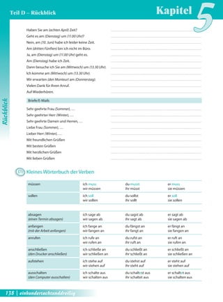 Haben Sie am (achten April) Zeit? 
Geht es am (Dienstag) um (11.00 Uhr)? 
Nein, am (10. Juni) habe ich leider keine Zeit. 
Am (dritten Fünften) bin ich nicht im Büro. 
Ja, am (Dienstag) um (11.00 Uhr) geht es. 
Am (Dienstag) habe ich Zeit. 
Dann besuche ich Sie am (Mittwoch) um (13.30 Uhr). 
Ich komme am (Mittwoch) um (13.30 Uhr). 
Wir erwarten (den Monteur) am (Donnerstag). 
Vielen Dank für Ihren Anruf. 
Auf Wiederhören. 
Briefe/E-Mails 
Sehr geehrte Frau (Sommer), … 
Sehr geehrter Herr (Winter), … 
Sehr geehrte Damen und Herren, … 
Liebe Frau (Sommer), … 
Lieber Herr (Winter), … 
Mit freundlichen Grüßen 
Mit besten Grüßen 
Mit herzlichen Grüßen 
Mit lieben Grüßen 
D2 Kleines Wörterbuch der Verben 
müssen 
sollen 
Kapitel5 
ich muss du musst er muss 
wir müssen ihr müsst sie müssen 
ich soll du sollst er soll 
wir sollen ihr sollt sie sollen 
absagen 
(einen Termin absagen) 
anfangen 
(mit der Arbeit anfangen) 
anrufen 
anschließen 
(den Drucker anschließen) 
aufstehen 
ausschalten 
(den Computer ausschalten) 
ich sage ab du sagst ab er sagt ab 
wir sagen ab ihr sagt ab sie sagen ab 
ich fange an du fängst an er fängt an 
wir fangen an ihr fangt an sie fangen an 
ich rufe an du rufst an er ruft an 
wir rufen an ihr ruft an sie rufen an 
ich schließe an du schließt an er schließt an 
wir schließen an ihr schließt an sie schließen an 
ich stehe auf du stehst auf er steht auf 
wir stehen auf ihr steht auf sie stehen auf 
ich schalte aus du schaltest aus er schaltet aus 
wir schalten aus ihr schaltet aus sie schalten aus 
Rückblick 
Teil D – Rückblick 
138 | einhundertachtunddreißig 
 