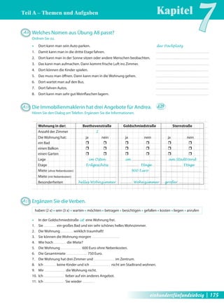 Teil A – Themen und Aufgaben 
Kapitel7 A9 Welches Nomen aus Übung A8 passt? 
Ordnen Sie zu. 
Œ Dort kann man sein Auto parken. der Parkplatz 
1. Damit kann man in die dritte Etage fahren. 
2. Dort kann man in der Sonne sitzen oder andere Menschen beobachten. 
3. Das kann man aufmachen. Dann kommt frische Luft ins Zimmer. 
4. Dort können die Kinder spielen. 
5. Das muss man öff nen. Dann kann man in die Wohnung gehen. 
6. Dort wartet man auf den Bus. 
7. Dort fahren Autos. 
8. Dort kann man sehr gut Weinfl aschen lagern. 
A10 Die Immobilienmaklerin hat drei Angebote für Andrea. 2.25 
Hören Sie den Dialog am Telefon. Ergänzen Sie die Informationen. 
Wohnung in der: Beethovenstraße Goldschmiedstraße Sternstraße 
Anzahl der Zimmer 2 
Die Wohnung hat: 
ja nein 
ja nein 
ein Bad 
ˆ ˆ 
ˆ ˆ 
einen Balkon 
ˆ ˆ 
ˆ ˆ 
einen Garten 
ˆ ˆ 
ˆ ˆ 
ja nein 
ˆ ˆ 
ˆ ˆ 
ˆ ˆ 
Lage im Osten im am Stadtrand 
Etage Erdgeschoss Etage Etage 
Miete (ohne Nebenkosten) 900 Euro 
Miete (mit Nebenkosten) 
Besonderheiten helles Wohnzimmer Wohnzimmer großer 
A11 Ergänzen Sie die Verben. 
haben (2 x) Œ sein (3 x) Œ warten Œ möchten Œ betragen Œ besichtigen Œ gefallen Œ kosten Œ liegen Œ anrufen 
Œ In der Goldschmiedstraße ist eine Wohnung frei. 
1. Sie ein großes Bad und ein sehr schönes helles Wohnzimmer. 
2. Die Wohnung wirklich traumhaft! 
3. Sie können die Wohnung morgen 
4. Wie hoch die Miete? 
5. Die Wohnung 600 Euro ohne Nebenkosten. 
6. Die Gesamtmiete 750 Euro. 
7. Die Wohnung hat drei Zimmer und im Zentrum. 
8. Ich keine Kinder und ich nicht am Stadtrand wohnen. 
9. Mir die Wohnung nicht. 
10. Ich lieber auf ein anderes Angebot. 
11. Ich Sie wieder 
einhundertfünfundsiebzig | 175 
 