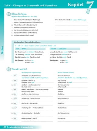 C3 Bilden Sie Sätze. 
Wo kann man wohnen? (in – im – am) 
Œ Frau Hermann wohnt (eine Wohnung). Frau Hermann wohnt in einer Wohnung. 
1. Meine Eltern wohnen (ein Einfamilienhaus). 
2. Maximilian wohnt (Stadtzentrum). 
3. Familie Klein wohnt (Stadtrand). 
4. Kerstin wohnt (Nähe vom Bahnhof). 
5. Petra wohnt (Osten von Frankfurt). 
6. Angela wohnt (Villa/2. Etage). 
Lokalangaben: Wechselpräpositionen 
in – auf – an – über – neben – unter – zwischen – hinter – vor 
wo? Dativ wohin? Akkusativ 
Die Flasche steht im (in dem) Kühlschrank. Ich stelle die Flasche in den Kühlschrank. 
Der Brief liegt auf dem Tisch. (horizontal) Ich lege den Brief auf den Tisch. 
Das Bild hängt an der Wand. (vertikal) Ich hänge das Bild an die Wand. 
Kurzformen: in dem = im Kurzformen: in das = ins 
an dem = am an das = ans 
C4 Wo oder wohin? 
Wo stehen die Gegenstände? Wohin stellt sie Johann? 
Œ in der Stuhl – das Wohnzimmer das Schlafzimmer 
Der Stuhl steht im Wohnzimmer. Johann stellt ihn ins Schlafzimmer. 
1. auf die Vase – der Tisch der Schrank 
Die Vase steht auf Johann stellt sie auf 
2. in das Bett – das Schlafzimmer das Gästezimmer 
Das Bett steht Johann stellt 
3. in der Bücherschrank – das Arbeitszimmer der Flur 
Der Bücherschrank Johann 
4. in der Tisch – das Esszimmer die Küche 
5. auf die Pfl anze – der Fußboden der Schreibtisch 
6. an der Sessel – das Fenster die Wand 
7. auf der Computer – der Schreibtisch der Sofatisch 
8. in die Weinfl asche – der Keller das Wohnzimmer 
9. an der Vogelkäfi g – die Tür das Fenster 
Kapitel7 
Verben 
Teil C – Übungen zu Grammatik und Wortschatz 
188 | einhundertachtundachtzig 
 