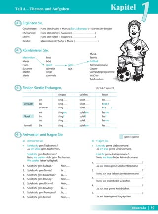 Kapitel1 Teil A – Themen und Aufgaben 
ich sing spiel les 
Singular du sing spiel liest ! 
er/sie/es sing spiel lies ! 
wir singen spielen lesen 
Plural ihr singt spielt lest 
sie sing spiel lesen 
formell Sie sing spielen les 
a) Antworten Sie. 
Œ Spielst du gern Tischtennis? 
singen spielen lesen 
Ja, ich spiele gern Tischtennis. 
Spielt ihr gern Tischtennis? 
Nein, wir spielen nicht gern Tischtennis. 
Wir spielen lieber Volleyball. 
1. Spielt ihr gern Fußball? Nein, … 
2. Spielst du gern Tennis? Ja … 
3. Spielt ihr gern Basketball? Ja, … 
4. Spielt ihr gern Hockey? Nein, … 
5. Spielst du gern Gitarre? Nein, … 
6. Spielt ihr gern Bowling? Ja, … 
7. Spielst du gern Trompete? Ja, … 
8. Spielt ihr gern Tennis? Nein, … 
gern = gerne 
b) Fragen Sie. 
Œ Liest du gerne Liebesromane? 
Ja, ich lese gerne Liebesromane. 
Lest ihr gerne Liebesromane? 
Nein, wir lesen lieber Kriminalromane. 
1. ? 
Ja, wir lesen gerne Geschichtsromane. 
2. ? 
Nein, ich lese lieber Abenteuerromane. 
3. ? 
Nein, wir lesen lieber Gedichte. 
4. ? 
Ja, ich lese gerne Kochbücher. 
5. ? 
Ja, wir lesen gerne Biographien. 
A36 Ergänzen Sie. 
Geschwister: Hans (der Bruder) + Marta (die Schwester ) + Martin (der Bruder) 
Ehepartner: Hans (der Mann) + Susanne ( ) 
Eltern: Hans (der Vater) + Susanne ( ) 
Kinder: Maximilian (der Sohn) + Marie ( ) 
A37 Kombinieren Sie. 
Musik 
Maximilian liest Tennis 
Marta hört Fußball 
Hans spielt gern Kriminalromane 
Susanne schreibt gut Gitarre 
Martin singt Computerprogramme 
Marie sammelt im Chor 
Briefmarken 
A38 Finden Sie die Endungen. Ö Teil C Seite 25 
A39 Antworten und fragen Sie. 
neunzehn | 19 
 