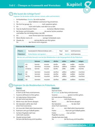 Teil C – Übungen zu Grammatik und Wortschatz 
Kapitel8 C5 Wie lautet die richtige Form? 
Ergänzen Sie die Verben dürfen, können, müssen, sollen und möchte(n). 
Œ Im Krankenhaus dürfen Sie nicht rauchen. 
1. Sie diese Tabletten zweimal am Tag einnehmen. 
2. Der Arzt hat gesagt, du mehr spazieren gehen. 
3. Ich nicht mehr laufen, mein Bein tut so weh. 
4. Hast du Kopfschmerzen? Dann du keinen Alkohol trinken. 
5. Bei Husten und Schnupfen du warme Sachen anziehen 
und heißen Tee mit Honig trinken, das hilft. 
6. Ich einen Termin beim Arzt vereinbaren. 
7. Meine Mutter meint, ich weniger Schokolade essen. 
8. Claudia, du nächste Woche zum Arzt gehen. 
Du den Termin nicht vergessen. 
Präterium der Modalverben 
Präsens heute/jetzt/im Moment/dieses Jahr … Paul kann nicht kommen. 
Präteritum früher/letztes Jahr/gestern … Paul konnte nicht kommen. 
Wie bei sein und haben benutzt man bei den Modalverben in der Vergangenheit oft das Präteritum. 
können müssen dürfen sollen wollen mögen 
ich konnte musste durfte sollte wollte mochte 
Singular du konntest musstest durftest solltest wolltest mochtest 
er/sie/es konnte musste durfte sollte wollte mochte 
wir konnten mussten durften sollten wollten mochten 
Plural ihr konntet musstet durftet solltet wolltet mochtet 
sie/Sie konnten mussten durften sollten wollten mochten 
formell Sie konnten mussten durften sollten wollten mochten 
C6 Ergänzen Sie die Modalverben im Präteritum. 
Präsens 
Œ Paul ist krank. 
Er kann zu der Party nicht kommen. 
1. Susanne will heute ins Kino gehen. 
2. Ich habe keinen Führerschein. 
Ich darf nicht Auto fahren. 
3. Martin muss den Termin absagen. 
4. Die Sekretärin soll für den Chef 
einen Tisch reservieren. 
5. Ich muss die E-Mail sofort beantworten. 
6. Rudi kann sehr gut Fußball spielen. 
7. Auf dem Flughafen darf man 
nicht mehr rauchen. 
8. Claudia hat kein Geld. 
Sie kann die Rechnung nicht bezahlen. 
Präteritum 
Paul war krank. 
Er konnte zu der Party nicht kommen. 
Susanne gestern ins Kino gehen. 
Ich hatte keinen Führerschein. 
Ich nicht Auto fahren. 
Martin den Termin absagen. 
Die Sekretärin für den Chef 
einen Tisch reservieren. 
Ich die E-Mail sofort beantworten. 
Früher Rudi sehr gut Fußball spielen. 
Früher man auf dem 
Flughafen rauchen. 
Claudia hatte kein Geld. 
Sie die Rechnung nicht bezahlen. 
zweihundertfünfzehn | 215 
 