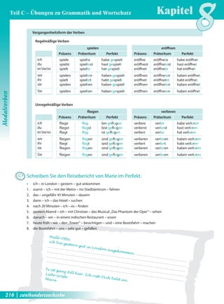 Vergangenheitsform der Verben 
Regelmäßige Verben 
ich 
du 
er/sie/es 
wir 
ihr 
sie 
Sie 
spielen 
Präsens Präteritum Perfekt 
spiele spielte habe gespielt 
spielst spieltest hast gespielt 
spielt spielte hat gespielt 
spielen spielten haben gespielt 
spielt spieltet habt gespielt 
spielen spielten haben gespielt 
spielen spielten haben gespielt 
eröff nen 
Präsens Präteritum Perfekt 
eröff ne eröff nete habe eröff net 
eröff nest eröff netest hast eröff net 
eröff net eröff nete hat eröff net 
eröff nen eröff neten haben eröff net 
eröff net eröff netet habt eröff net 
eröff nen eröff neten haben eröff net 
eröff nen eröff neten haben eröff net 
Unregelmäßige Verben 
ich 
du 
er/sie/es 
wir 
ihr 
sie 
Sie 
fl iegen 
Präsens Präteritum Perfekt 
fl iege fl og bin gefl ogen 
fl iegst fl ogst bist gefl ogen 
fl iegt fl og ist gefl ogen 
fl iegen fl ogen sind gefl ogen 
fl iegt fl ogt seid gefl ogen 
fl iegen fl ogen sind gefl ogen 
fl iegen fl ogen sind gefl ogen 
verlieren 
Präsens Präteritum Perfekt 
verliere verlor habe verloren 
verlierst verlorst hast verloren 
verliert verlor hat verloren 
verlieren verloren haben verloren 
verliert verlort habt verloren 
verlieren verloren haben verloren 
verlieren verloren haben verloren 
C7 Schreiben Sie den Reisebericht von Marie im Perfekt. 
Œ ich – in London – gestern – gut ankommen 
1. zuerst – ich – mit der Metro – ins Stadtzentrum – fahren 
2. das – ungefähr 45 Minuten – dauern 
3. dann – ich – das Hotel – suchen 
4. nach 20 Minuten – ich – es – fi nden 
5. gestern Abend – ich – mit Christian – das Musical „Das Phantom der Oper“ – sehen 
6. danach – wir – in einem indischen Restaurant – essen 
7. heute früh – wir – den „Tower“ – besichtigen – und – eine Bootsfahrt – machen 
8. die Bootsfahrt – uns – sehr gut – gefallen 
Hallo Otto, 
ich bin gestern gut in London angekommen. 
Es ist ganz toll hier. Ich rufe Dich bald an. 
Liebe Grüße 
Marie 
Kapitel8 
Modalverben 
Teil C – Übungen zu Grammatik und Wortschatz 
216 | zweihundertsechzehn 
 