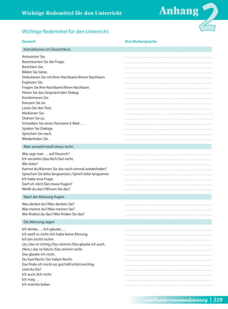 Wichtige Redemittel für den Unterricht Anhang2 
Wichtige Redemittel für den Unterricht 
Deutsch Ihre Muttersprache 
Instruktionen im Deutschkurs 
Antworten Sie. 
Beantworten Sie die Frage. 
Berichten Sie. 
Bilden Sie Sätze. 
Diskutieren Sie mit Ihrer Nachbarin/Ihrem Nachbarn. 
Ergänzen Sie. 
Fragen Sie Ihre Nachbarin/Ihren Nachbarn. 
Hören Sie das Gespräch/den Dialog. 
Kombinieren Sie. 
Kreuzen Sie an. 
Lesen Sie den Text. 
Markieren Sie. 
Ordnen Sie zu. 
Schreiben Sie einen Text/eine E-Mail … 
Spielen Sie Dialoge. 
Sprechen Sie nach. 
Wiederholen Sie. 
Man versteht/weiß etwas nicht: 
Wie sagt man … auf Deutsch? 
Ich verstehe (das/dich/Sie) nicht. 
Wie bitte? 
Kannst du/Können Sie das noch einmal wiederholen? 
Sprechen Sie bitte langsam(er)./Sprich bitte langsamer. 
Ich habe eine Frage. 
Darf ich (dich/Sie) etwas fragen? 
Weißt du das?/Wissen Sie das? 
Nach der Meinung fragen 
Was denkst du?/Was denken Sie? 
Was meinst du?/Was meinen Sie? 
Wie fi ndest du das?/Wie fi nden Sie das? 
Die Meinung sagen 
Ich denke, …/Ich glaube, … 
Ich weiß es nicht./Ich habe keine Ahnung. 
Ich bin (nicht) sicher. 
(Ja,) das ist richtig./Das stimmt./Das glaube ich auch. 
(Nein,) das ist falsch./Das stimmt nicht. 
Das glaube ich nicht. 
Du hast Recht./Sie haben Recht. 
Das fi nde ich (nicht so) gut/toll/schön/wichtig. 
Und du/Sie? 
Ich auch./Ich nicht. 
Ich mag … 
Ich möchte lieber. 
zweihundertneunundzwanzig | 229 
 