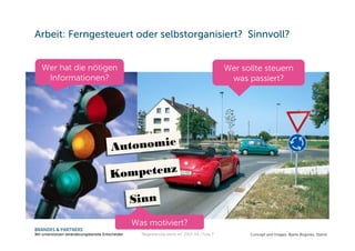 BRANDES & PARTNERS
Wir unterstützen veränderungsbereite Entscheider.
Arbeit: Ferngesteuert oder selbstorganisiert? Sinnvoll?
Concept and Images: Bjarte Bogsnes, Statoil
Wer hat die nötigen
Informationen?
Wer sollte steuern
was passiert?
Autonomie
Kompetenz
Sinn
Was motiviert?
“Begeisterung steckt an" 2013-04 / Folie 7
 