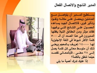 Cick to add title
Click to add title
‫المديأ‬‫االتصال‬‫و‬ ‫ح‬ ‫الاا‬‫عال‬ ‫ال‬
‫م‬ ‫ل‬ ‫اص‬‫و‬‫يت‬ ‫مج‬ ‫ديأ‬ ‫الم‬ ‫تطي‬ ‫يء‬
‫و‬ ‫وا‬ ‫مكاا‬ ‫ى‬ ‫عل‬ ‫ل‬ ‫ص‬ ‫وي‬ ‫امليج‬ ‫الع‬
‫و‬ ‫و‬ ‫ق‬ ‫يثيأ‬ ‫وت‬‫ال‬ ‫فاالتص‬‫يء‬ ‫د‬ ‫ي‬ ‫ال‬‫اعده‬
‫ب‬ ‫يأ‬ ‫الت‬ ‫اه‬ ‫الات‬ ‫ى‬ ‫عل‬ ‫ول‬ ‫ص‬ ‫ال‬‫ا‬
‫اه‬‫ق‬ ‫ال‬ ‫ج‬‫وم‬ ‫مؤثأ‬ ‫كقاهد‬‫يال‬‫الت‬‫يغ‬‫ا‬ ‫ل‬
‫مل‬ ‫مج‬ ‫دد‬‫الص‬ ‫ا‬ ‫ه‬ ‫ف‬ ‫ديأوج‬‫الم‬500
‫اإلا‬ ‫اللغة‬ ‫ف‬ ً‫ا‬‫شيوع‬ ‫األكثأ‬ ‫كلمة‬‫ليزية‬
‫ا‬ ‫ل‬14000‫ويعا‬ ‫س‬ ‫المع‬ ‫ب‬ ‫تعأي‬
‫ل‬‫يص‬ ‫ة‬‫كلم‬ ‫ل‬‫ك‬ ‫اا‬‫مع‬ ‫ط‬‫متوء‬ ‫مج‬ ‫أ‬‫ل‬
‫ى‬ ‫إل‬28‫د‬ ‫تقص‬ ‫اا‬ ‫فييالمع‬ ‫و‬ ‫ى‬ ‫معا‬
‫بالكلمة‬ ‫تاط‬ ‫ياما‬‫؟‬
‫يل‬ ‫ما‬ ‫مهمية‬ ‫تدأأ‬ ‫عليأ‬ ً‫ا‬ ‫إ‬
 