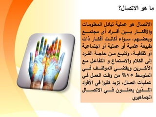 Cick to add title
Click to add title
‫االتصال؟‬ ‫هو‬ ‫ما‬
‫المعلوم‬ ‫تبادل‬ ‫عملية‬ ‫هو‬ ‫االتصال‬‫ات‬
‫تم‬ ‫م‬ ‫م‬ ‫اد‬‫أ‬ ‫مف‬ ‫يج‬ ‫ب‬ ‫اأ‬ ‫األفك‬‫و‬
‫ات‬ ‫اأ‬ ‫مفك‬ ‫ت‬ ‫مكاا‬ ‫ات‬‫و‬ ‫ء‬ ‫سو‬ ‫وبعض‬
‫تماعي‬ ‫ا‬ ‫مو‬ ‫عملية‬ ‫مو‬ ‫علمية‬ ‫طبيعة‬‫ة‬
‫أ‬ ‫ال‬ ‫ة‬ ‫ا‬ ‫ج‬ ‫م‬ ‫وتاب‬ ‫ةو‬ ‫ثقافي‬ ‫مو‬‫د‬
‫م‬ ‫ل‬‫اع‬ ‫الت‬ ‫و‬ ‫تما‬‫االء‬‫و‬ ‫الكالس‬ ‫إلى‬
‫ف‬ ‫المو‬ ‫ويقض‬ ‫أيج‬ ‫اآلخ‬
‫المتوءط‬75%‫ف‬ ‫ل‬‫العم‬ ‫ت‬‫وق‬ ‫مج‬
‫ف‬ ‫ا‬‫أ‬‫كثي‬ ‫تزيد‬ ‫اتصالو‬ ‫عمليات‬‫اد‬‫أ‬‫األف‬
‫ال‬ ‫االتص‬ ‫ف‬ ‫وج‬ ‫يعمل‬ ‫يج‬ ‫الل‬
‫ماهيأ‬ ‫ال‬
 