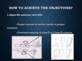 HOW TO ACHIEVE THE OBJECTIVES?HOW TO ACHIEVE THE OBJECTIVES?
1.Open the anterior over bite1.Open the anterior over bite
- Proper amount of anchor bends at proper- Proper amount of anchor bends at proper
locations.locations.
-Continual wearing of class II or Class III elastics.-Continual wearing of class II or Class III elastics.
 