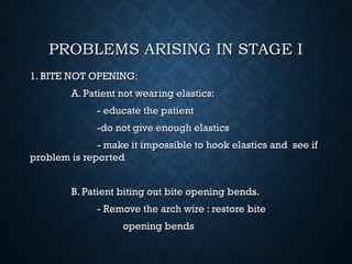 PROBLEMS ARISING IN STAGE IPROBLEMS ARISING IN STAGE I
1. BITE NOT OPENING:1. BITE NOT OPENING:
A. Patient not wearing elastics:A. Patient not wearing elastics:
- educate the patient- educate the patient
-do not give enough elastics-do not give enough elastics
- make it impossible to hook elastics and see if- make it impossible to hook elastics and see if
problem is reportedproblem is reported
B. Patient biting out bite opening bends.B. Patient biting out bite opening bends.
- Remove the arch wire : restore bite- Remove the arch wire : restore bite
opening bendsopening bends
 