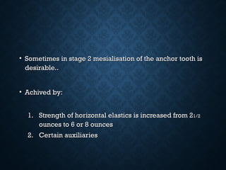 • Sometimes in stage 2 mesialisation of the anchor tooth isSometimes in stage 2 mesialisation of the anchor tooth is
desirable..desirable..
• Achived by:Achived by:
1.1. Strength of horizontal elastics is increased from 2Strength of horizontal elastics is increased from 21/21/2
ounces to 6 or 8 ouncesounces to 6 or 8 ounces
2.2. Certain auxiliariesCertain auxiliaries
 