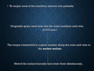 • To torque roots of the maxillary anterior root palatallyTo torque roots of the maxillary anterior root palatally
Originally spurs, were bent into the main maxillary arch wireOriginally spurs, were bent into the main maxillary arch wire
(0.016 inch )(0.016 inch )
The torque transmitted in a spiral manner along the main arch wire toThe torque transmitted in a spiral manner along the main arch wire to
thethe anchor molarsanchor molars..
Moved the molars buccally and rotate them distobuccaly..Moved the molars buccally and rotate them distobuccaly..
 