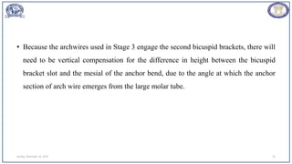 • Because the archwires used in Stage 3 engage the second bicuspid brackets, there will
need to be vertical compensation for the difference in height between the bicuspid
bracket slot and the mesial of the anchor bend, due to the angle at which the anchor
section of arch wire emerges from the large molar tube.
Sunday, November 26, 2023 76
 