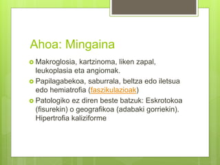 Ahoa: Mingaina
 Makroglosia, kartzinoma, liken zapal,
leukoplasia eta angiomak.
 Papilagabekoa, saburrala, beltza edo iletsua
edo hemiatrofia (faszikulazioak)
 Patologiko ez diren beste batzuk: Eskrotokoa
(fisurekin) o geografikoa (adabaki gorriekin).
Hipertrofia kaliziforme
 