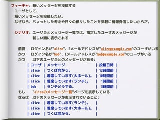 フィーチャ: 短いメッセージを投稿する
ユーザとして、
短いメッセージを投稿したい。
なぜなら、ちょっとした考えや日々の細々したことを気軽に情報発信したいからだ。
シナリオ: ユーザごとメッセージ一覧では、指定したユーザのメッセージが
新しい順に表示される
前提 ログイン名が"alice"、Eメールアドレスが"alice@example.com"のユーザがいる
かつ ログイン名が"bob"、Eメールアドレスが"bob@example.com"のユーザがいる
かつ 以下のユーザごとのメッセージがある:
| ユーザ | メッセージ | 投稿日時 |
| alice | つくば向かう。 | 12時間前 |
| alice | 着席しています(大ホール)。 | 10時間前 |
| alice | 着席しています(ランチ)。 | 1時間前 |
| bob | ランチどうする。 | 3時間前 |
もし "aliceのメッセージ一覧"ページを表示している
ならば 以下のメッセージが表示されていること:
| alice | 着席しています(ランチ)。 |
| alice | 着席しています(大ホール)。 |
| alice | つくば向かう。 |
 