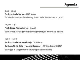 Agenda
9.30 – 10.30
Prof.ssa Lucia Sorba – CNR Nano
Fabrication and Applications of Semiconductive Nanostructures
10.30 – 11.30
Prof. Josep Fontcuberta – ICMAB
Spintronics & Multiferroics: developments for innovative devices
15.00 – 16.00
Prof.ssa Lucia Sorba (chair) – CNR Nano
Dott.ssa Silvia Cella (videoconference) – Ufficio Brevetti CNR
Strategie di trasferimento tecnologico del CNR-Nano
6/3/2013
1
 