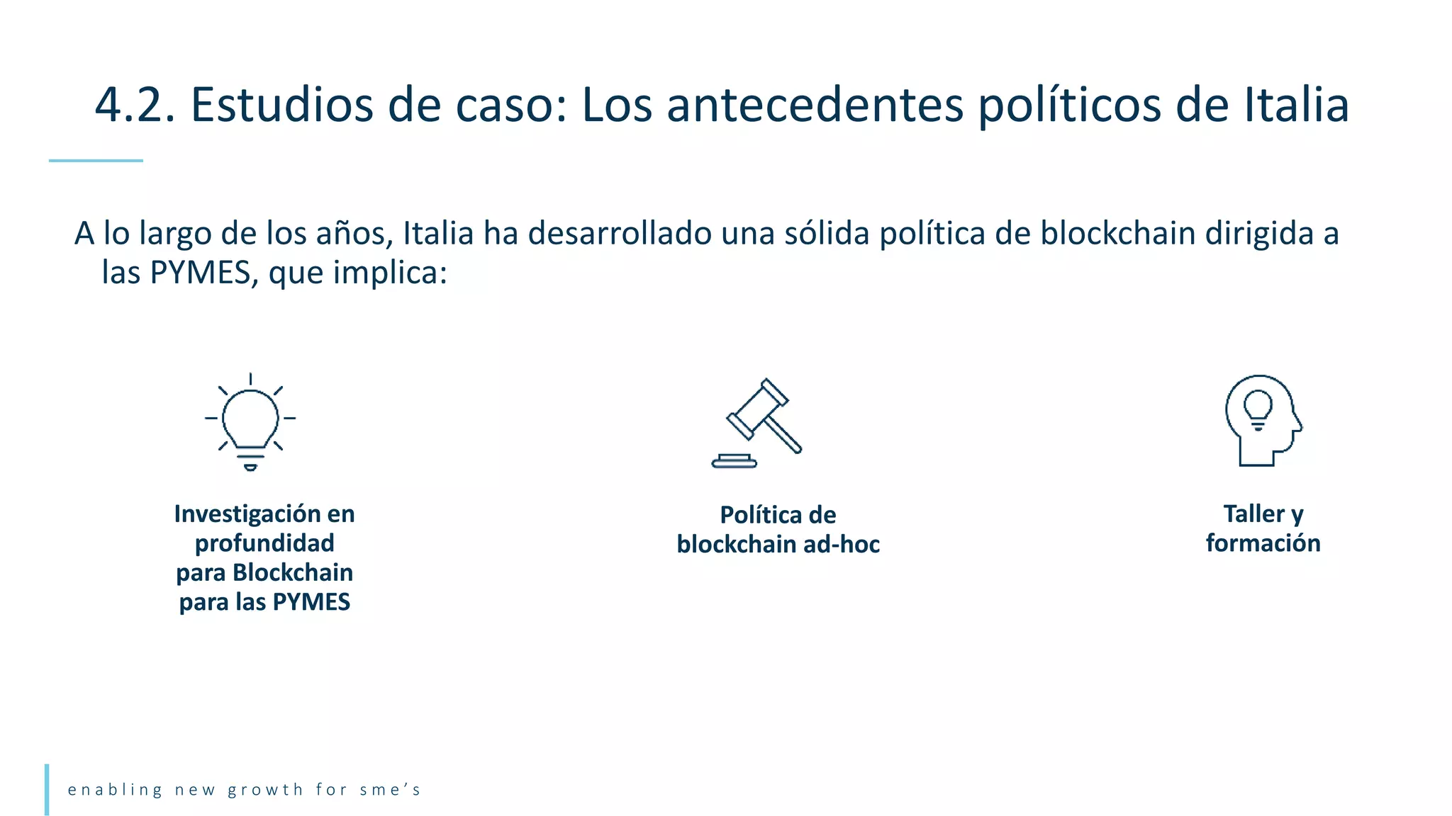 e n a b l i n g n e w g r o w t h f o r s m e ’ s
A lo largo de los años, Italia ha desarrollado una sólida política de blockchain dirigida a
las PYMES, que implica:
4.2. Estudios de caso: Los antecedentes políticos de Italia
Taller y
formación
Investigación en
profundidad
para Blockchain
para las PYMES
Política de
blockchain ad-hoc
 