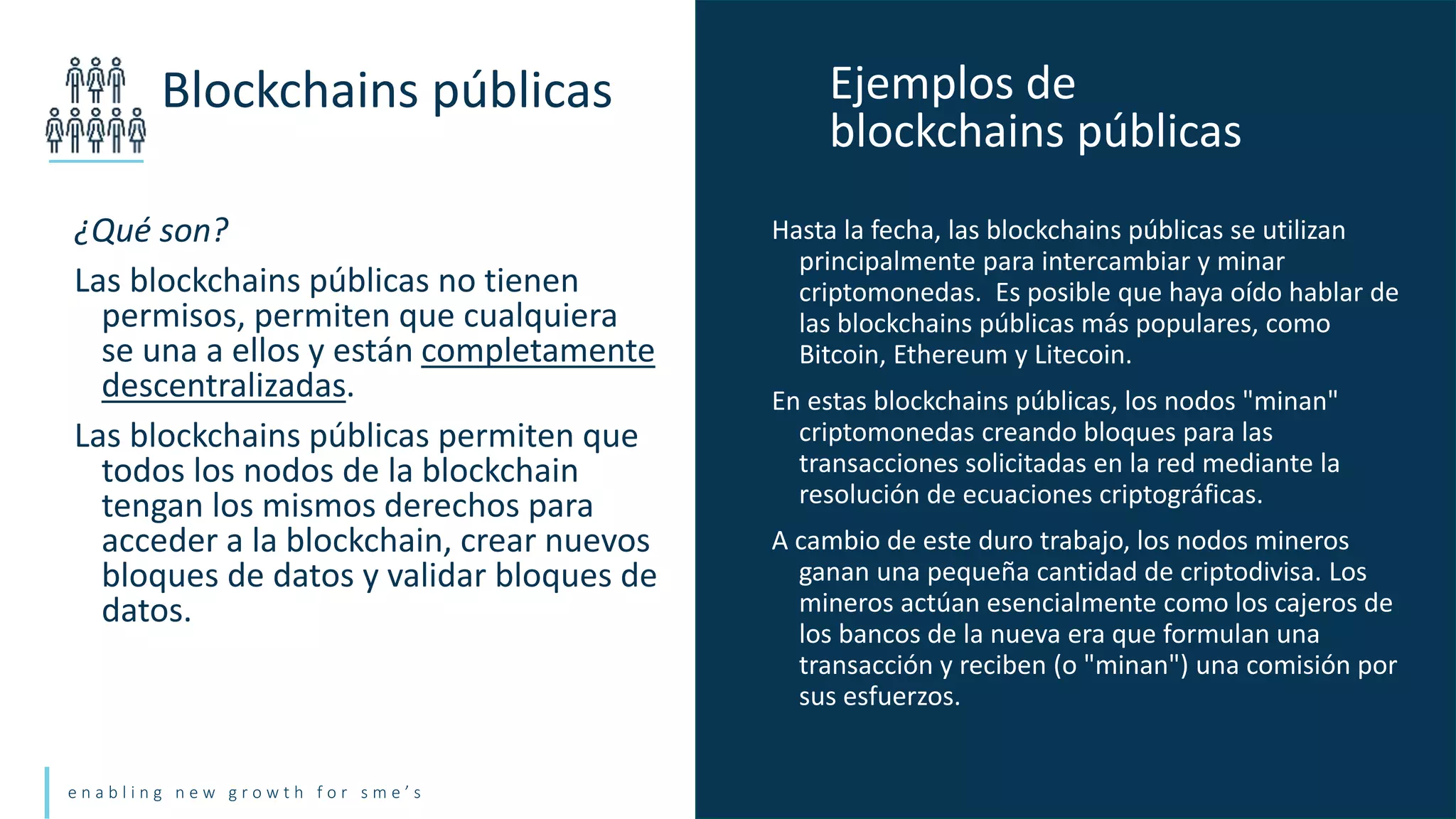 e n a b l i n g n e w g r o w t h f o r s m e ’ s
¿Qué son?
Las blockchains públicas no tienen
permisos, permiten que cualquiera
se una a ellos y están completamente
descentralizadas.
Las blockchains públicas permiten que
todos los nodos de la blockchain
tengan los mismos derechos para
acceder a la blockchain, crear nuevos
bloques de datos y validar bloques de
datos.
Blockchains públicas
Hasta la fecha, las blockchains públicas se utilizan
principalmente para intercambiar y minar
criptomonedas. Es posible que haya oído hablar de
las blockchains públicas más populares, como
Bitcoin, Ethereum y Litecoin.
En estas blockchains públicas, los nodos "minan"
criptomonedas creando bloques para las
transacciones solicitadas en la red mediante la
resolución de ecuaciones criptográficas.
A cambio de este duro trabajo, los nodos mineros
ganan una pequeña cantidad de criptodivisa. Los
mineros actúan esencialmente como los cajeros de
los bancos de la nueva era que formulan una
transacción y reciben (o "minan") una comisión por
sus esfuerzos.
Ejemplos de
blockchains públicas
 