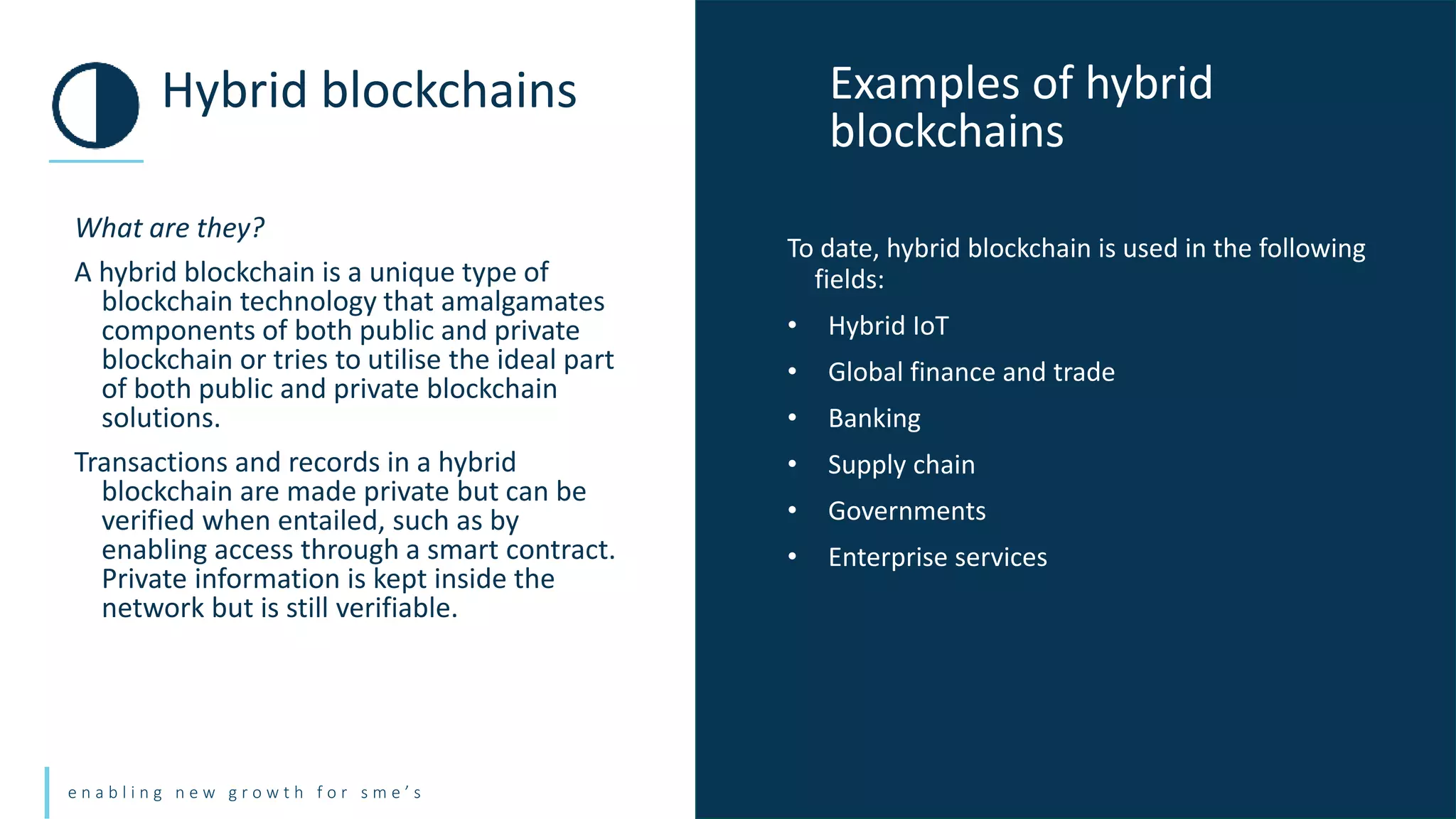 e n a b l i n g n e w g r o w t h f o r s m e ’ s
What are they?
A hybrid blockchain is a unique type of
blockchain technology that amalgamates
components of both public and private
blockchain or tries to utilise the ideal part
of both public and private blockchain
solutions.
Transactions and records in a hybrid
blockchain are made private but can be
verified when entailed, such as by
enabling access through a smart contract.
Private information is kept inside the
network but is still verifiable.
Hybrid blockchains Examples of hybrid
blockchains
To date, hybrid blockchain is used in the following
fields:
• Hybrid IoT
• Global finance and trade
• Banking
• Supply chain
• Governments
• Enterprise services
 