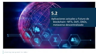 e n a b l i n g n e w g r o w t h f o r S M E s
5.2
Aplicaciones actuales y Futuro de
blockchain– NFTs, DeFi, DAOs,
metaverso descentralizado
 
