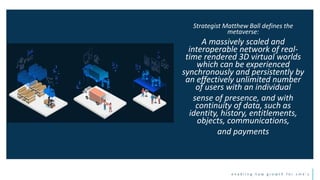 e n a b l i n g n e w g r o w t h f o r s m e ’ s
Strategist Matthew Ball defines the
metaverse:
A massively scaled and
interoperable network of real-
time rendered 3D virtual worlds
which can be experienced
synchronously and persistently by
an effectively unlimited number
of users with an individual
sense of presence, and with
continuity of data, such as
identity, history, entitlements,
objects, communications,
and payments
 