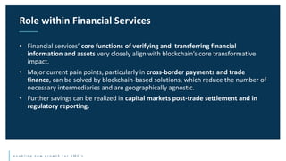 e n a b l i n g n e w g r o w t h f o r S M E ’ s
• Financial services’ core functions of verifying and transferring financial
information and assets very closely align with blockchain’s core transformative
impact.
• Major current pain points, particularly in cross-border payments and trade
finance, can be solved by blockchain-based solutions, which reduce the number of
necessary intermediaries and are geographically agnostic.
• Further savings can be realized in capital markets post-trade settlement and in
regulatory reporting.
Role within Financial Services
 