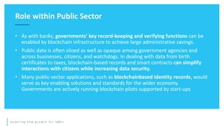e n a b l i n g n e w g r o w t h f o r S M E s
• As with banks, governments’ key record-keeping and verifying functions can be
enabled by blockchain infrastructure to achieve large administrative savings.
• Public data is often siloed as well as opaque among government agencies and
across businesses, citizens, and watchdogs. In dealing with data from birth
certificates to taxes, blockchain-based records and smart contracts can simplify
interactions with citizens while increasing data security.
• Many public-sector applications, such as blockchainbased identity records, would
serve as key enabling solutions and standards for the wider economy.
Governments are actively running blockchain pilots supported by start-ups
Role within Public Sector
 