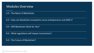 e n a b l i n g n e w g r o w t h f o r S M E ’ s
Modules Overview
1.0 – The Basics of Blockchain
2.0 – How can blockchain...