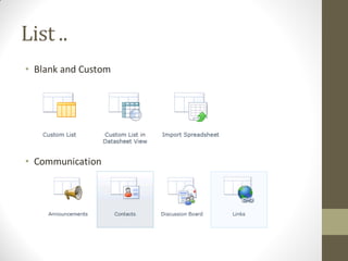 List ..
• Blank and Custom




• Communication
 