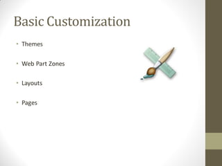 Basic Customization
• Themes

• Web Part Zones

• Layouts

• Pages
 