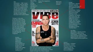 Title:
Denotation – ‘VIBE’ in bold
and upper case red writing.
Connotation – Bold writing
makes the magazine stand
out and red usually shows
danger which may reflect
and relate to the image of
Eminem who may be a
danger to other rappers
because of his musical talent
Image:
Denotation – Rapper
‘Eminem’ looking
directly at the reader of
the magazine folding
his arms.
Connotation – looking
directly at the reader
draws the readers
attention to the
magazine. The folded
arms shows that the
page about Eminem
will be of a serious
matter. He is also not
smiling which suggests
something bad may
have happened to him
and this is further
revealed by the line
‘Comes Clean’
Shows the magazine is
serious
‘Eminem’ is the main
cover story which shows
his dominance in the rap
industry and this is further
backed up by him folding
his arms which also shows
he may have authority
over the other rappers.
He is revealing his tattoos
which may show that he
is revealing stories about
himself inside the
magazine.
Black and
red colour
scheme
Sub Titles:
Denotation – Names of other
Rappers in smaller writing.
Connotation – smaller writing
shows that the magazine will be
predominantly about Eminem.
Other rappers are less significant.
Quality:
Denotation –
Glossy and
expensive.
Connotation –
shows reader that
product is of high
quality which
makes them willing
to spend more
money on it
Layout:
Denotation – cluttered
Connotation – shows
that the content in the
magazine may be
about rappers who's
lives are cluttered.
Plain black vest makes Eminem stand out
from the plain white background. It may
also be used to show that Eminem is a white
rapper amongst lots of black rappers.
Red writing
shows
danger.
Eminem is
dangerous in
the music
business.
 