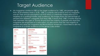 Target Audience
 My magazine is similar to VIBE as the target audience for ‘VIBE’ are people aging
from 18-34 whereas mine is 16-30. ‘VIBE’ is currently sold at £4.95 and my magazine
was £4. Their annual subscription is £14.95 which is a relatively cheap price so it is
targeted at a working/middle class audience. This image shows the percentage of
people from different categories that read VIBE. It shows that ‘VIBE’ is mostly read by
men between the ages of 18 and 34 and that the majority of people who read the
magazine are employed or in education. It is also shown that the vast majority of
people who read the magazine are Black/African American. I have tried to aim my
magazine at a similar audience as the genre is also similar.
 