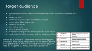 Target audience
 My magazine is following the hip hop/ rap theme used in VIBE magazine so my reader would
be:
 Age Range: 16 – 30
 Gender: my magazine will be aimed at boys and girls
 Lower middle/ skilled working class
 Interests of my reader:
 Rap/ hip hop music
 Going to festivals and gigs
 Interested in reading about current events in the music industry
 Reading about the lives of rappers and how they became famous
I chose this audience as I believe the stories in my magazine
can inspire these young people to do well for themselves and
even get involved in music. I believe that my mostly boys will
read my magazine but it may also attract girls as well.
 