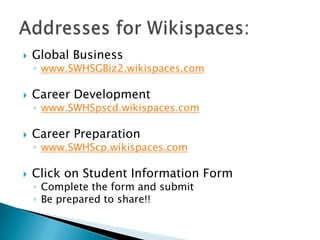    Global Business
    ◦ www.SWHSGBiz2.wikispaces.com

   Career Development
    ◦ www.SWHSpscd.wikispaces.com

   Career Preparation
    ◦ www.SWHScp.wikispaces.com

   Click on Student Information Form
    ◦ Complete the form and submit
    ◦ Be prepared to share!!
 