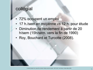 collégial 72% occupent un emploi 17 h./sem en moyenne vs 12 h. pour étude Diminution de rendement à partir de 20 h/sem (15h/sem. vers la fin de 1990) Roy, Bouchard et Turcotte (2008). 
