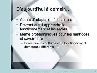 D’aujourd’hui à demain… Autant d’adaptation à la culture Devront aussi apprendre le fonctionnement et les règles Même problématiques pour les méthodes et savoir-faire Parce que les cultures et le fonctionnement demeurent différents 