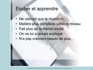 Étudier et apprendre Ne connaît que la répétition Matière plus complexe selon le niveau Fait plus de la même chose On ne lui a jamais expliqué N’a pas vraiment besoin de plus…  