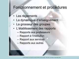 Fonctionnement et procédures Les règlements La dynamique d’enseignement La grosseur des groupes L’établissement des rapports Rapports aux professeurs Rapport à l’institution Rapport aux services Rapports aux autres 