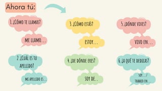 6.¿a qué te dedicas?
soy.../
trabajo en...
5.¿dónde vives?
vivo en...
3.¿Cómo estás?
estoy...
4.¿de dónde eres?
soy de..
2.¿Cuál es tu
apellido?
mi apellido es...
1.¿Cómo te llamas?
me llamo...
 
