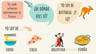 ¿de dónde
eres tú?
yo soy de
australia. ¿y
tú?
china argentinaitalia españa
yo soy de...
 