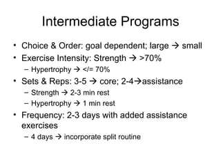 Intermediate Programs Choice & Order: goal dependent; large    small Exercise Intensity: Strength    >70% Hypertrophy    </= 70% Sets & Reps: 3-5    core; 2-4  assistance Strength    2-3 min rest Hypertrophy    1 min rest Frequency: 2-3 days with added assistance exercises 4 days    incorporate split routine 