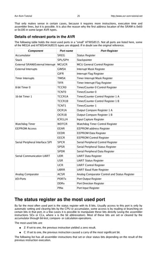 Avr-Asm-Tutorial 26 http://www.avr-asm-tutorial.net
That only makes sense in certain cases, because it requires more instructions, execution time and
assembler lines, but it is possible. It is also the reason why the first address location of the SRAM is 0x60
or 0x100 in some larger AVR types.
Details of relevant ports in the AVR
The following table holds the most used ports in a “small” AT90S8515. Not all ports are listed here, some
of the MEGA and AT90S4434/8535 types are skipped. If in doubt see the original reference.
Component Port name Port-Register
Accumulator SREG Status Register
Stack SPL/SPH Stackpointer
External SRAM/External Interrupt MCUCR MCU General Control Register
External Interrupts GIMSK Interrupt Mask Register
GIFR Interrupt Flag Register
Timer Interrupts TIMSK Timer Interrupt Mask Register
TIFR Timer Interrupt Flag Register
8-bit Timer 0 TCCR0 Timer/Counter 0 Control Register
TCNT0 Timer/Counter 0
16-bit Timer 1 TCCR1A Timer/Counter Control Register 1 A
TCCR1B Timer/Counter Control Register 1 B
TCNT1 Timer/Counter 1
OCR1A Output Compare Register 1 A
OCR1B Output Compare Register 1 B
ICR1L/H Input Capture Register
Watchdog Timer WDTCR Watchdog Timer Control Register
EEPROM Access EEAR EEPROM address Register
EEDR EEPROM Data Register
EECR EEPROM Control Register
Serial Peripheral Interface SPI SPCR Serial Peripheral Control Register
SPSR Serial Peripheral Status Register
SPDR Serial Peripheral Data Register
Serial Communication UART UDR UART Data Register
USR UART Status Register
UCR UART Control Register
UBRR UART Baud Rate Register
Analog Comparator ACSR Analog Comparator Control and Status Register
I/O-Ports PORTx Port Output Register
DDRx Port Direction Register
PINx Port Input Register
The status register as the most used port
By far the most often used port is the status register with its 8 bits. Usually access to this port is only by
automatic setting and clearing bits by the CPU or accumulator, some access is by reading or branching on
certain bits in that port, in a few cases it is possible to manipulate these bits directly (using the assembler
instructions SEx or CLx, where x is the bit abbreviation). Most of these bits are set or cleared by the
accumulator through bit-test, compare- or calculation-operations.
The most used bits are:
● Z: If set to one, the previous instruction yielded a zero result.
● C: If set to one, the previous instruction caused a carry of the most significant bit.
The following list has all assembler instructions that set or clear status bits depending on the result of the
previous instruction execution.
 